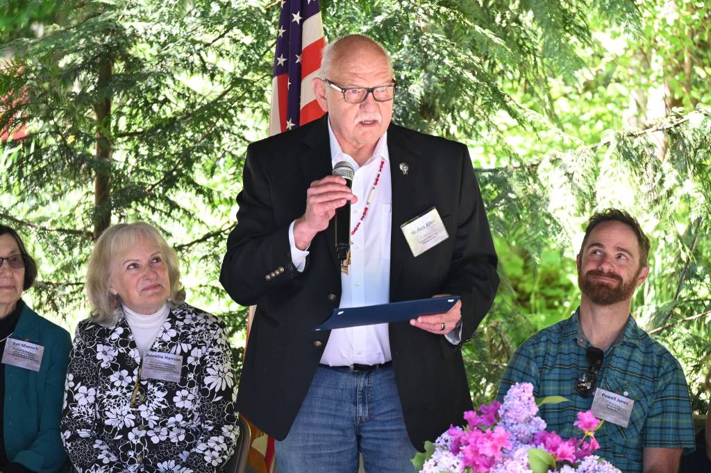 W. Ron Allen, Jamestown SKlallam Tribe council chair and CEO, accepts recognition from NSDAR representatives at an awards ceremony Saturday, with Annette Hanson and Powell Jones looking on. Sequim Gazette photo by Michael Dashiell