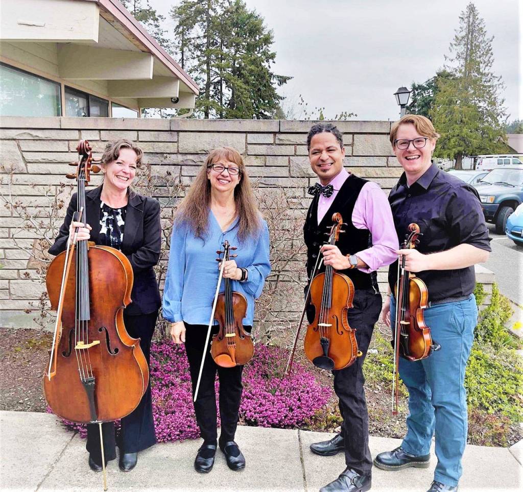 Performances by the Port Angeles Symphony String Quartet  from left, Traci Winters Tyson, Jory Noble, Tyrone Beatty and Morgan Bartholick-LeMaire  are part of the virtual Juan de Fuca Festival lineup opening Friday. Photo courtesy of the Port Angeles Symphony