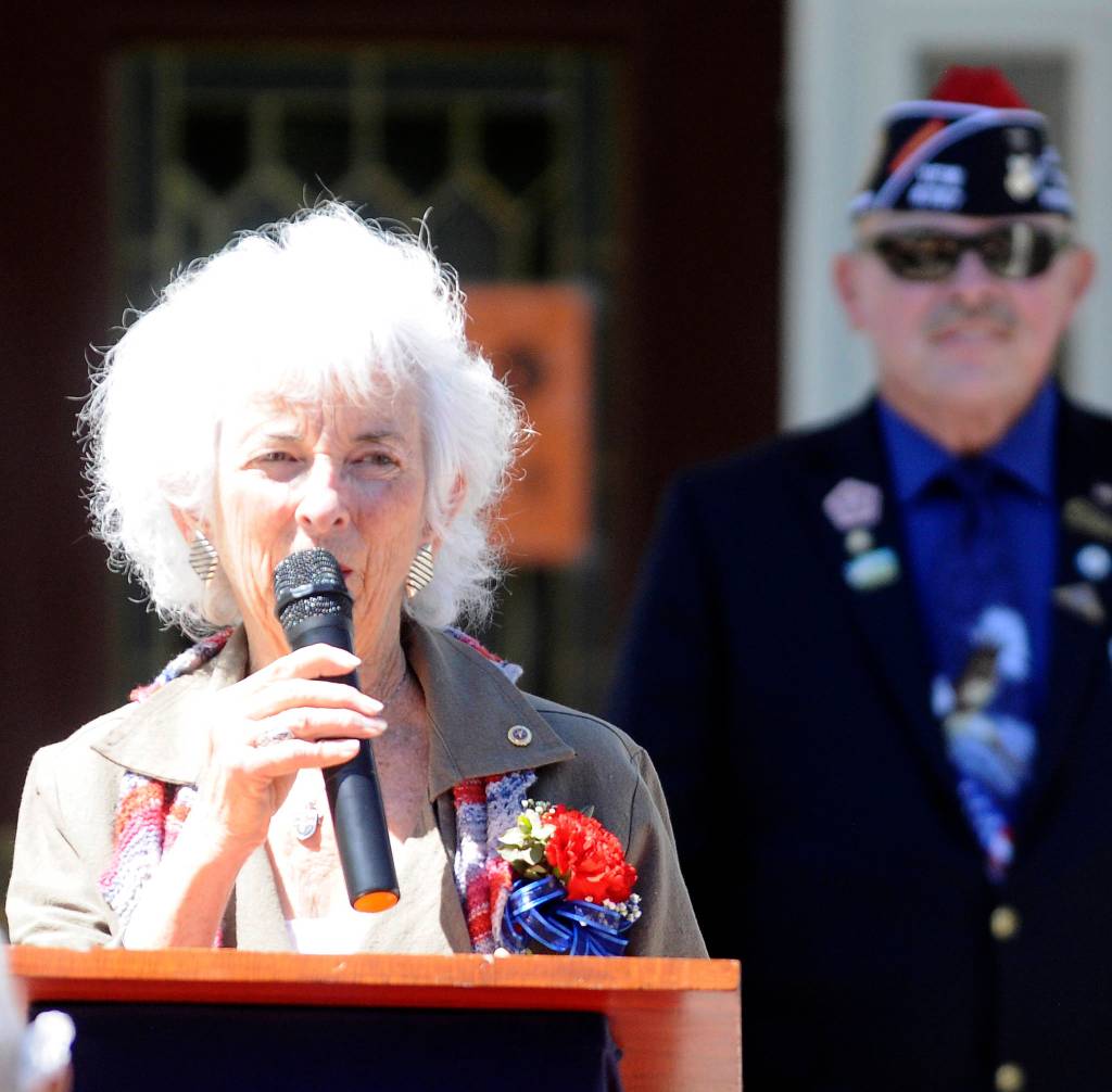 Betsy Schultz speaks at a special memorial Day event at Sinclair Place on May 29. Schultz, who Captain Joseph House that lends support to families dealing with the death of a family member in the services, said Saturday was the 10th anniversary of her sons passing. The home is designed to help those family members move forward with their lives. To live is to honor your fallen heroes, Schultz said; otherwise, theyve died in vain. Sequim Gazette photo by Michael Dashiell
