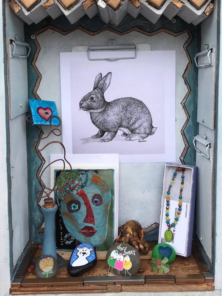 Art changes daily, sometimes multiple times a day, at the areas first Free Little Art Gallery at Dungeness Dandelion Botanical Company, 4681 Sequim Dungeness Way. Mediums range from watercolors to woodcarvings to jewelry to painted rocks. Photo courtesy of Gayle Selby