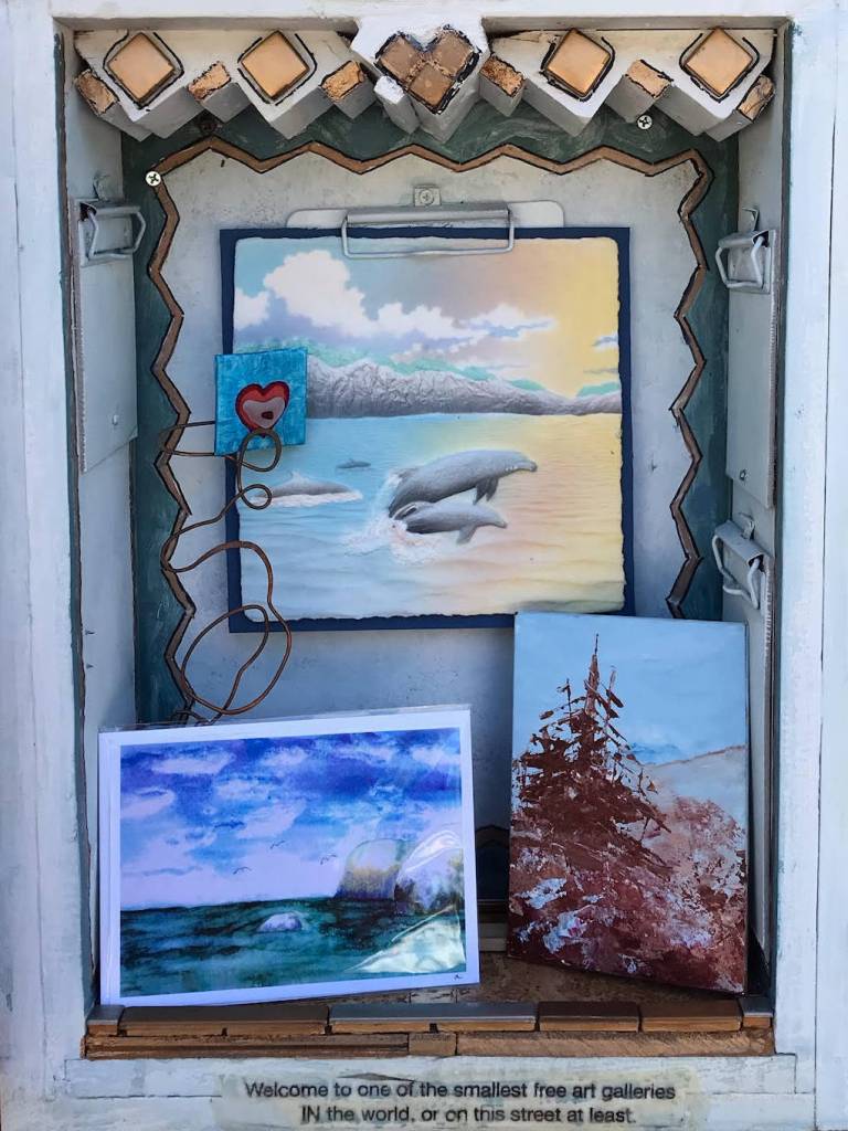 Art changes daily, sometimes multiple times a day, at the areas first Free Little Art Gallery at Dungeness Dandelion Botanical Company, 4681 Sequim Dungeness Way. Mediums range from watercolors to woodcarvings to jewelry to painted rocks. Photo courtesy of Gayle Selby