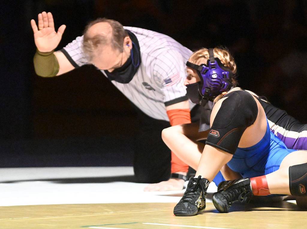 Sequims Aleah Chen pins Bainbridges Aubrie Ackland in the first match of a double dual with Central Kitsap on June 5. Sequim Gazette photo by Michael Dashiell