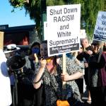Stacey Sevier of Sequim speaks during a Saturday protest in downtown Sequim about her experiences working at Blondies Plate and she encouraged its owner Josh Armstrong to apologize to those impacted in person over an alleged racist act outside his restaurant on June 12. Sequim Gazette photo by Matthew Nash