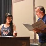 Olympic Theatre Arts newcomer Ashley Burton rehearses with veteran actor/director Ron Graham for Jim Guthrie’s “Searching for a Heart." Photo courtesy of Olympic Theatre Arts