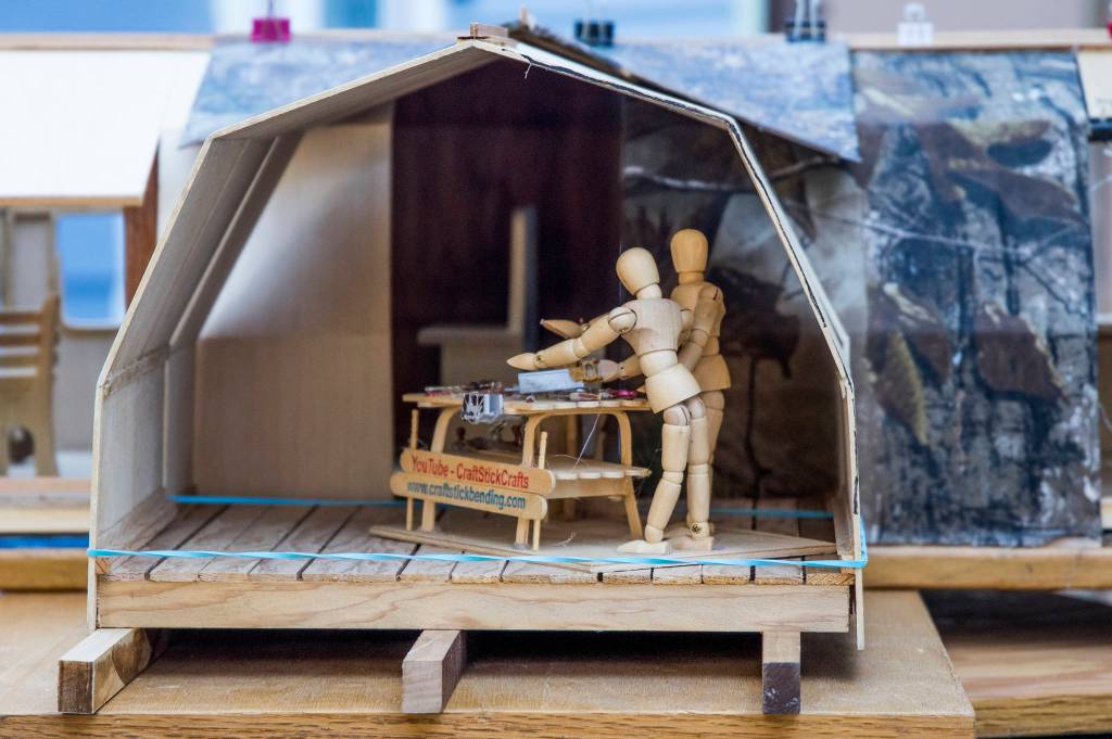 A model of Litehouse Shelters made from bent craft wood by Brad Griffith in elementary school classes where he taught the children of Sequim the basics of woodworking, tool use and making tools from easily found objects. Sequim Gazette photo by Emily Matthiessen