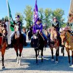 Local prep equestrian riders gear up for the Grand Entry at the state finals in Moses Lake in mid-June. They include, from left, Sequim rider Libby Swanberg, Port Angeles’ Sara Holland, Sequim’s Keri Tucker, and Port Angeles riders Amelia Kinney and Sidney Huttonn. Submitted photo