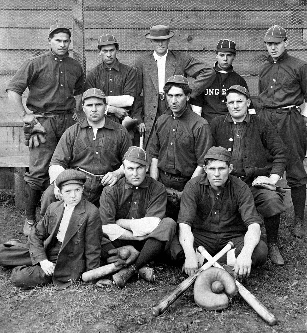 This early 20th century (specific date unavailable) group portrait of a Dungeness baseball team is part of the Kellogg Collection, a collection gathered and donated by Bert Kellogg that document the history of Clallam County, the Olympic Peninsula and the Pacific Northwest. North Olympic Heritage/Bert Kellogg Photograph Collection