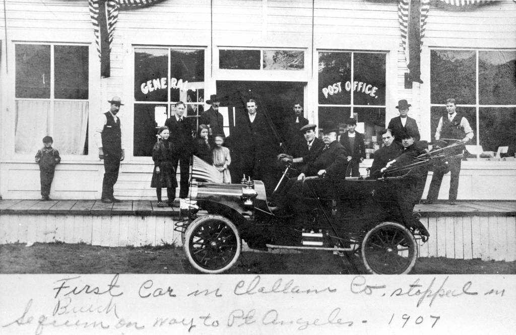 Check out historic Clallam County photographs in the Kellogg Collection, including the first car in Clallam County  a 1906 Buick belonging to James Jim Herbert Gibson, photographed here in front of Jens Bugges store in Sequim in May 1907. North Olympic Heritage/Bert Kellogg Photograph Collection
