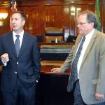 Clallam County Prosecuting Attorney Bill Nichols, left, talks about a proposed mental health court program accompanied by District Court Judge Dave Neupert on July 13 at the Clallam County Courthouse in Port Angeles. Photo by Keith Thorpe/Olympic Peninsula News Group