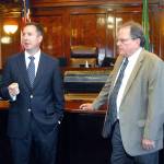 Clallam County Prosecuting Attorney Bill Nichols, left, talks about a proposed mental health court program accompanied by District Court Judge Dave Neupert on July 13 at the Clallam County Courthouse in Port Angeles. Photo by Keith Thorpe/Olympic Peninsula News Group