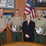 The Clallam County Sheriffs Offices command staff with accreditation plaques from the Washington Association of Sheriffs and Police Chiefs. Pictured, from left, are Chief Civil Deputy Alice Hoffman, Sheriff Bill Benedict, Chief Criminal Deputy Brian King, Administrative Manager Lorraine Shore, Chief Corrections Deputy Wendy Peterson, Undersheriff Ron Cameron and Corrections Sergeant Don Wenzl. Submitted photo
