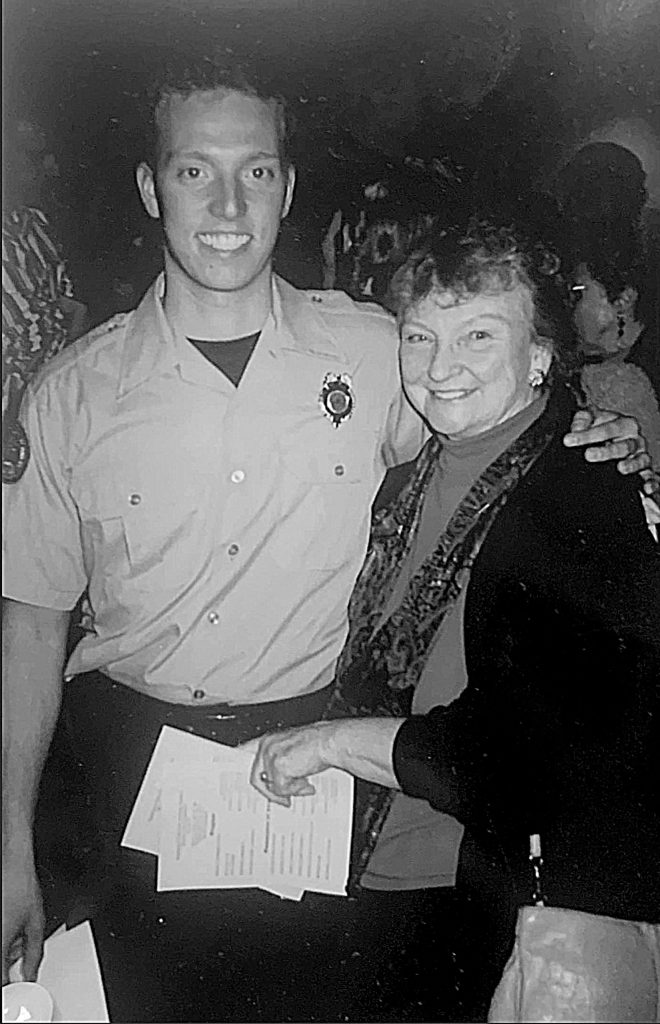 Derrell Sharp stands with his grandmother Roma after he graduated from the Washington State Fire Academy in 1992. She encouraged Derrell to meet then-Fire Chief Tom Lowe a year prior to become a volunteer firefighter. Photo courtesy of Derrell Sharp