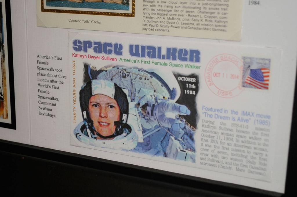 Multiple notable women, such as Kathryn Sullivan, highlight Judy Newbloms exhibit on women astronauts. Sequim Gazette photo by Matthew Nash