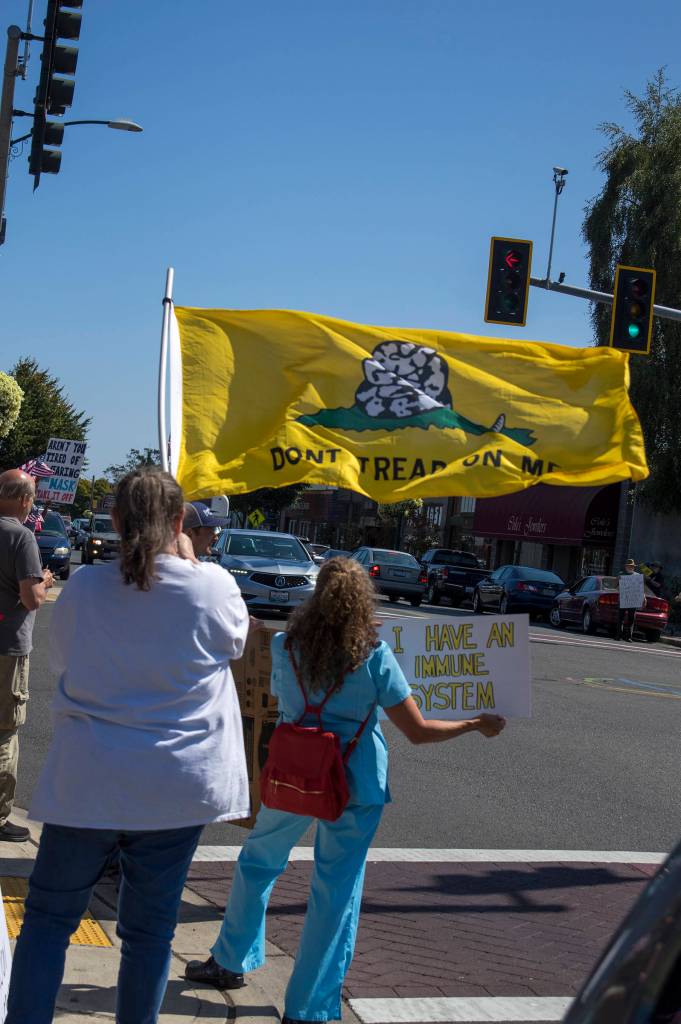 Protestors express their opinions with a flag and a hand-lettered sign at a vaccine mandate protest at the intersection of Sequim Avenue and Washington Street on Aug. 18. Sequim Gazette photo by Emily Matthiessen
