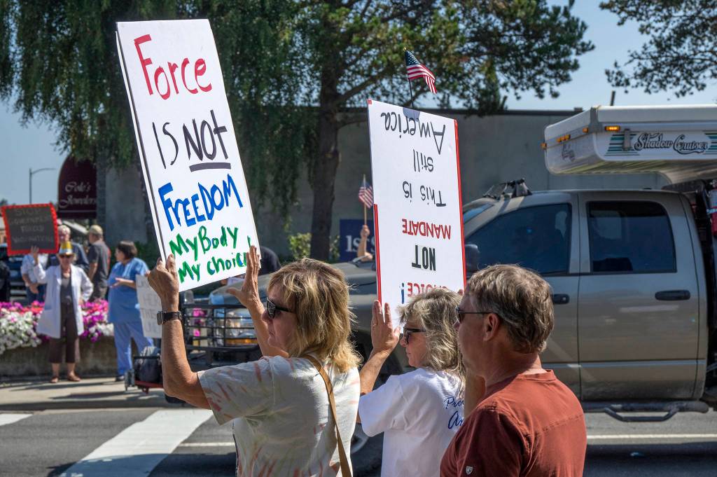 Protestors ask drivers to react to their signs at the intersection of Sequim Avenue and Washington Street on Aug. 18. Sequim Gazette photo by Emily Matthiessen