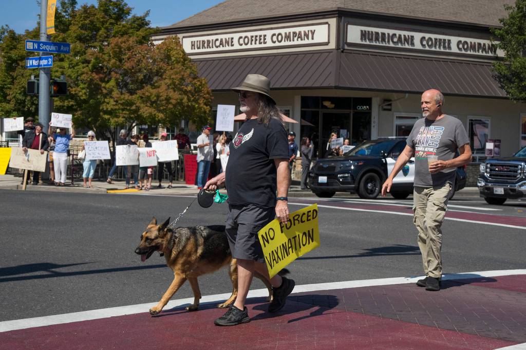 Two men, a dog, and a sign cross the intersection of Sequim Avenue and Washington Street during a loud protest on Aug. 18 against vaccine mandates for health workers. Sequim Gazette photo by Emily Matthiessen