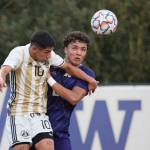Peninsula Colleges Edgar Tavares, left, challenges University of Washingtons Kendall Burks for the ball in an Aug. 15 scrimmage in Seattle. Photo by Rick Ross/Peninsula College