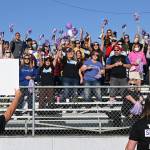 Staff from Greywolf Elementary shout out a cheer for students at a pre-schoolyear rally on Monday morning. Greywolf edged out Sequim High School in a tiebreaker for loudest cheer. Sequim Gazette photo by Michael Dashiell