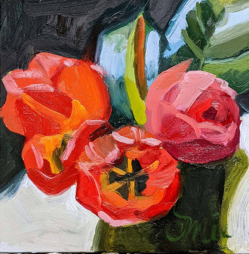 Tulips and Camelia by Catherine Mix, a Sequim painter whose work will be on display at the 2021 ARTfusion event Sept. 4-5 in Sequim. Submitted art