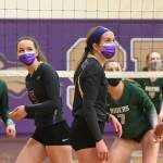 Sequim and Port Angeles volleyball players don masks as they battle in an Olympic League match on Feb. 25. COVID restrictions remain in place for all indoor sports this fall. Sequim Gazette file photo by Michael Dashiell