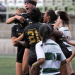Peninsula teammates celebrate Mackenzie Corkills second half score in an 11-0 shutout of Chemeketa on Aug. 24 in Tukwila. Photo by Rick Ross/Peninsula College
