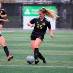 Peninsula midfielder Allysun Gerke (25) looks for a teammate in the Pirates 11-0 win over Chemeketa on Aug. 24. Photo by Rick Ross/Peninsula College