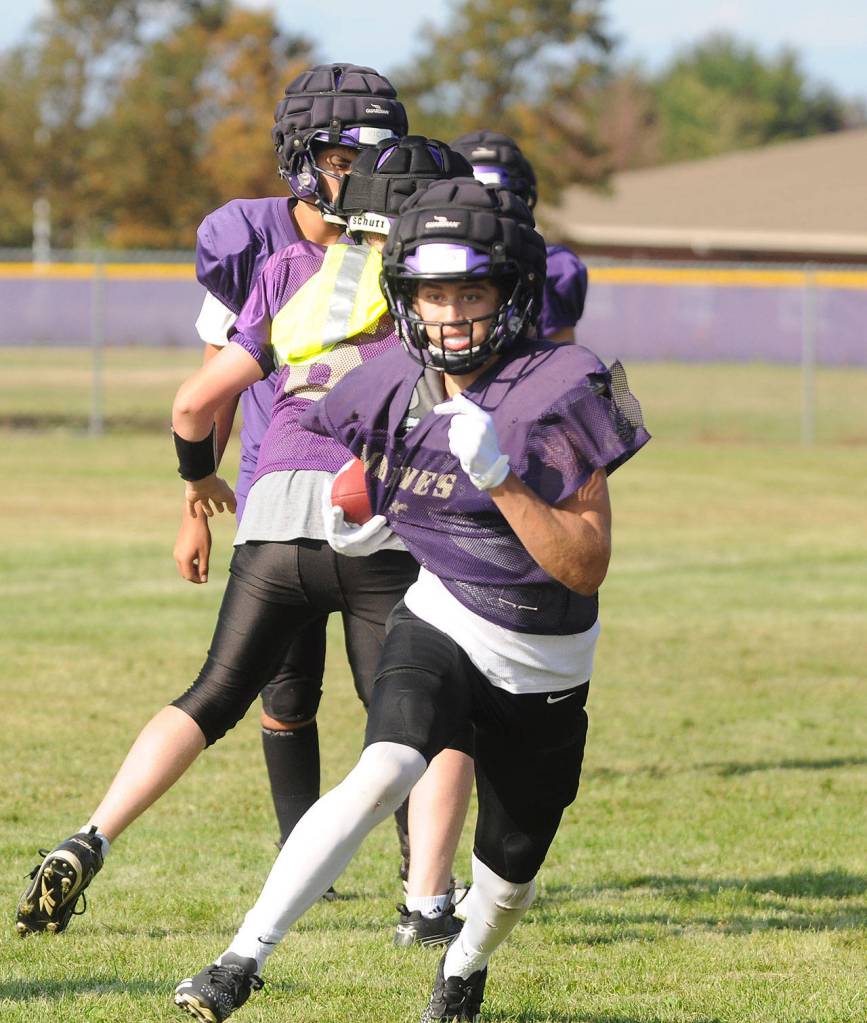 Sequim running back/all-purpose player Aiden Gockerell and the Wolves get some preseason work in at the Wolves practice fields last week. Sequim Gazette photo by Michael Dashiell