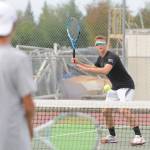 Sequims Connor Bear looks to hit a forehand shot in a 2021 preseason practice. He was 5-3 in singles play in 2020-21. Sequim Gazette photos by Michael Dashiell