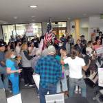 Protesters gather in the lobby of the Clallam County Courthouse on Sept. 3. Photo by Keith Thorpe/Olympic Peninsula News Group