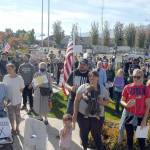 People gather outside the commissioners meeting room at the Clallam County Courthouse in Port Angeles on Tuesday, Sept. 7, for a public comment session on the recently issued mandate requiring people to be vaccinated for the coronavirus before being allowed to dine or drink indoors at restaurants and bars. Photo by Keith Thorpe/Olympic Peninsula News Group