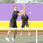 Sequims Jack Van De Wege, left and Henry Hughes win a point in the first set of a 6-3, 6-3 win over Bremertons Casey Pritchard and Sandro Tang on Sept. 9. Sequim Gazette photos by 
Michael Dashiell