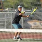 Sequims Espn Judd returns a shot as he and doubles partner Kaiden Jones earn a straight set win against Bremertons Nico Crowley and Nate McClain on Sept. 9. Sequim Gazette photo by Michael Dashiell
