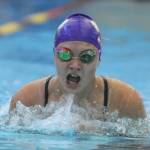 Sequims Melanie Byrne swims the breaststroke portion of the Wolves 200 medley relay in a Sept. 9 season-opening meet against 3A powerhouse Bainbridge. Sequim Gazette photo by Michael Dashiell