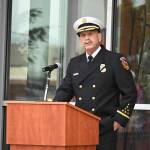 Sequim city councilor Keith Larkin speaks at a 9/11 ceremony at the Sequim Civic Center on Sept. 10. Larkin worked for 41 in the fire service with the California Department of Forestry and Fire Protection. Sequim Gazette photo by Michael Dashiell