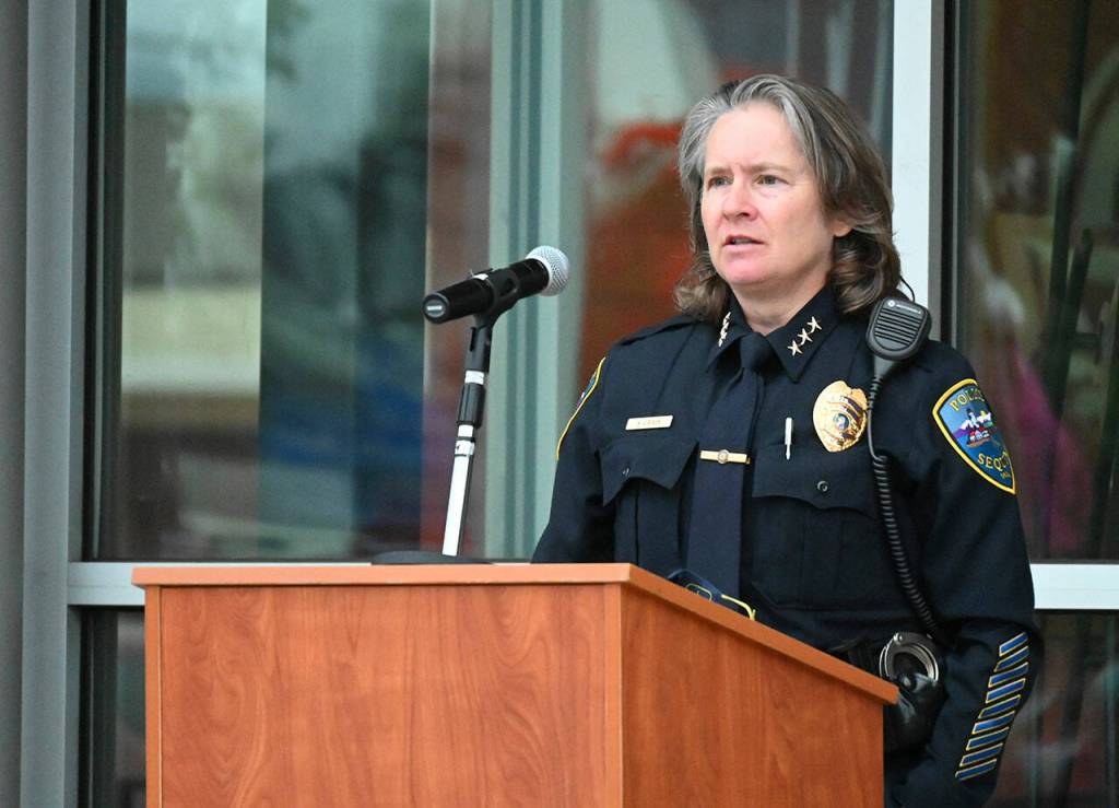 Sequim Police Chief Sherri Crain speaks at a 9/11 remembrance ceremony Friday morning at the Sequim Civic Center. Sequim Gazette photo by Michael Dashiell