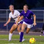 Sequims Rileigh VanDyken, right gathers possession in the first half of the Wolves 2-0 win over visiting North Kitsap on Sept. 16. Sequim Gazette photo by Emily Matthiessen