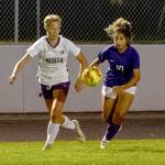 Sequims Jennyfer Gomez, right, and North Kitsaps Natalie Holmberg vies for the ball in Sequims 2-0 home win on Sept. 16. Sequim Gazette photo by Emily Matthiessen