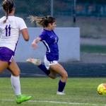 Sequims Alliyah Weber, right, looks to strike the ball as Tyra Zetty of North Kitsap looks on, in Sequims 2-0 win on Sept. 16. Sequim Gazette photo by Emily Matthiessen