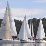 Sailboats gather near the starting line of the 2021 Reach for Hospice race on Sequim Bay on Sept. 18. Sequim Gazette photo by Michael Dashiell