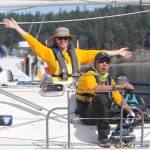 Cristina Eppers is all smiles aboard Durkee Richards Sirius, just prior to the 2021 Reach for Hospice race on Sequim Bay on Sept. 18. Eppers, representing Volunteer Hospice of Clallam County where sh works as a nurse, also took part in the Row for Hospice event the following day. Sequim Gazette photo by Michael Dashiell