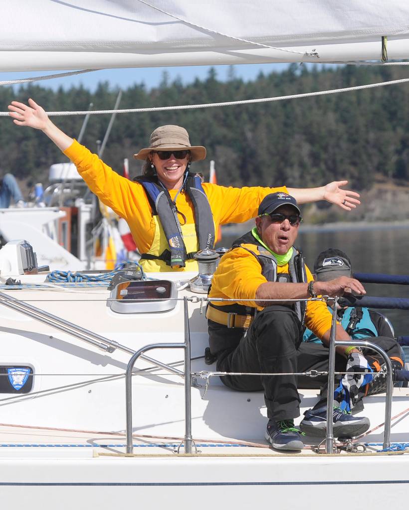 Cristina Eppers is all smiles aboard Durkee Richards Sirius, just prior to the 2021 Reach for Hospice race on Sequim Bay on Sept. 18. Eppers, representing Volunteer Hospice of Clallam County where sh works as a nurse, also took part in the Row for Hospice event the following day. Sequim Gazette photo by Michael Dashiell