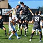 Peninsula defender Chunghwan Lee (15) and Tacomas Dylan Chavez look to get a head on the ball in PCs 2-0 win over Tacoma in Port Angeles on Sept. 15, a rematch of last years NWAC title game. Photo by Jay Cline