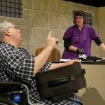 Joel Hoffman and Vicki Miller rehearse the arrival of Hoffmans trouble-making character in rehearsals of Olympic Theatre Arts A Facility for Living, a comedic production set to open Oct. 1. Photo courtesy of Olympic Theatre Arts