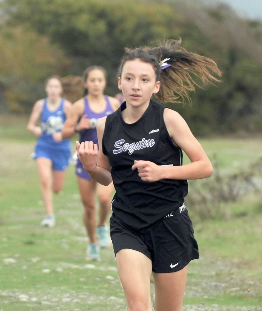 Sequim sophomore Kaitlyn Bloomenrader finished fifth for Sequim in an Olympic League cross-country meet held at Voice of America at Dungeness Recreation Area on Sept. 29. Sequim Gazette photo by Michael Dashiell