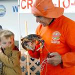 In 2019, Hayden Fuller of Seabeck gives a wary look as Robert Rohner of Sequim, a member of the North Olympic Peninsula Chapter of Puget Sound Anglers, gives the youngster a close up view of the crab he just caught during Saturdays crab derby at Port Angeles City Pier, a featured event of the Dungeness Crab and Seafood Festival. File photo by Keith Thorpe/Olympic Peninsula News Group