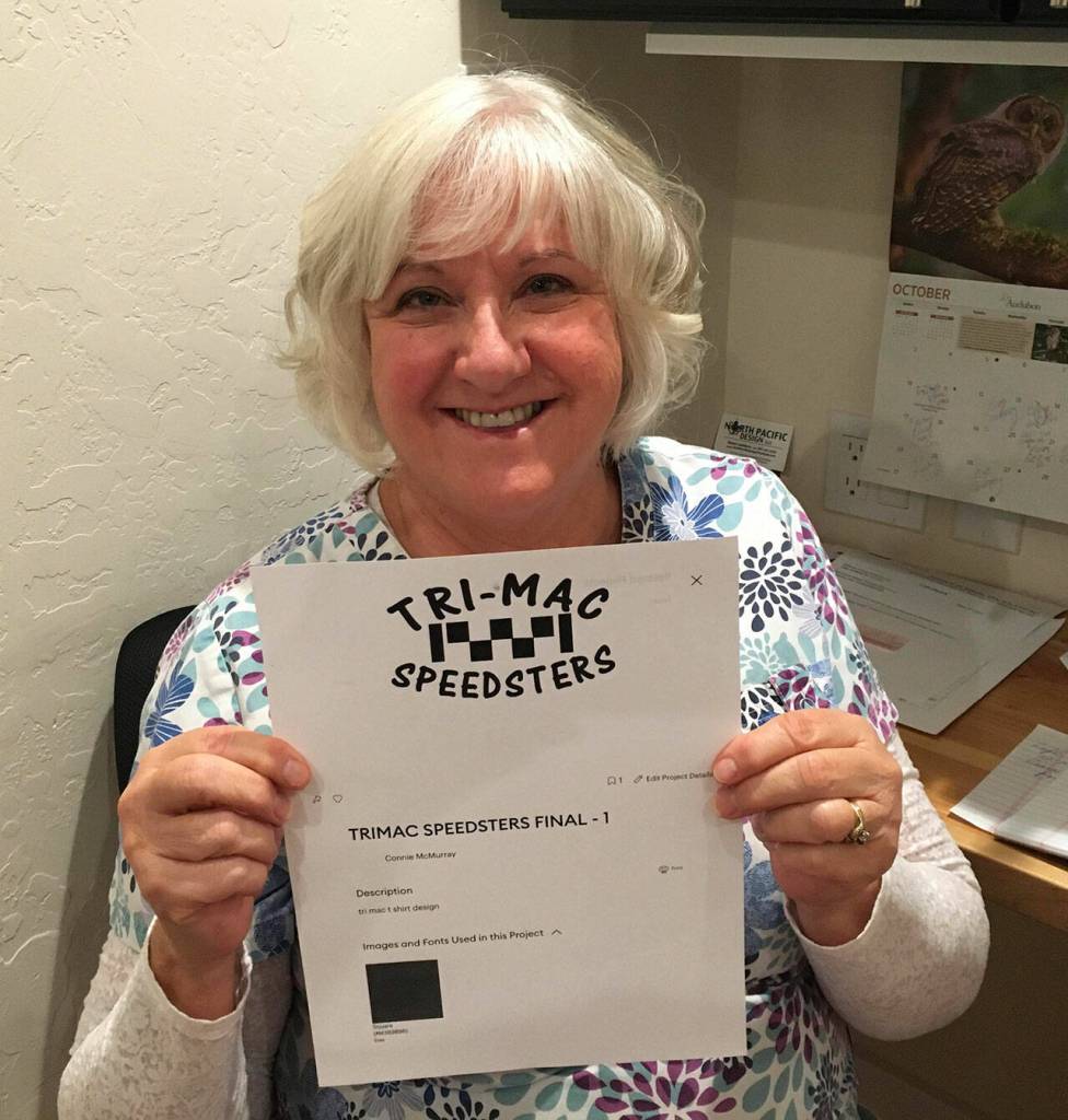 Race Mom Connie McMurray displays the logo she created for the Tri-Mac Speedsters. Photo courtesy of George McMurray