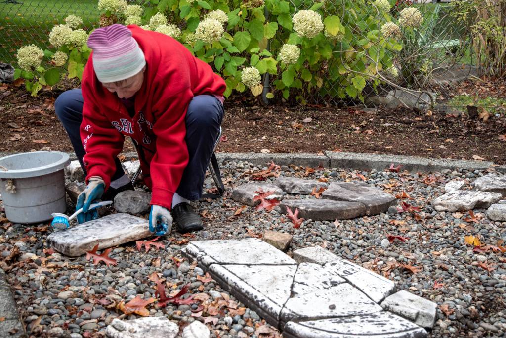 Karla Morgan cleans pieces of headstones broken by either vandalism, weather, or improper care in the more than 100 years they lay in Pioneer Memorial Park in Sequim. Morgan was one of many volunteers who gathered under the guidance of National Historical Preservationist Marion Mick Hersey to fix headstones using modern methods, some learned from The Good Cemeterian of Florida. Sequim Gazette photos by Emily Matthiessen