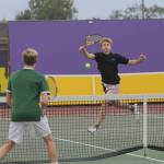 Sequims Jack Van De Wege, right, returns a shot in a No. 1 doubles match as he and partner Henry Hughes take on Port Angeles on Oct. 14. Sequim Gazette photo by Michael Dashiell