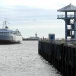 The ferry MV Coho sails past Port Angeles City Pier during a maintenance run in May 2020. (Keith Thorpe/Peninsula Daily News)