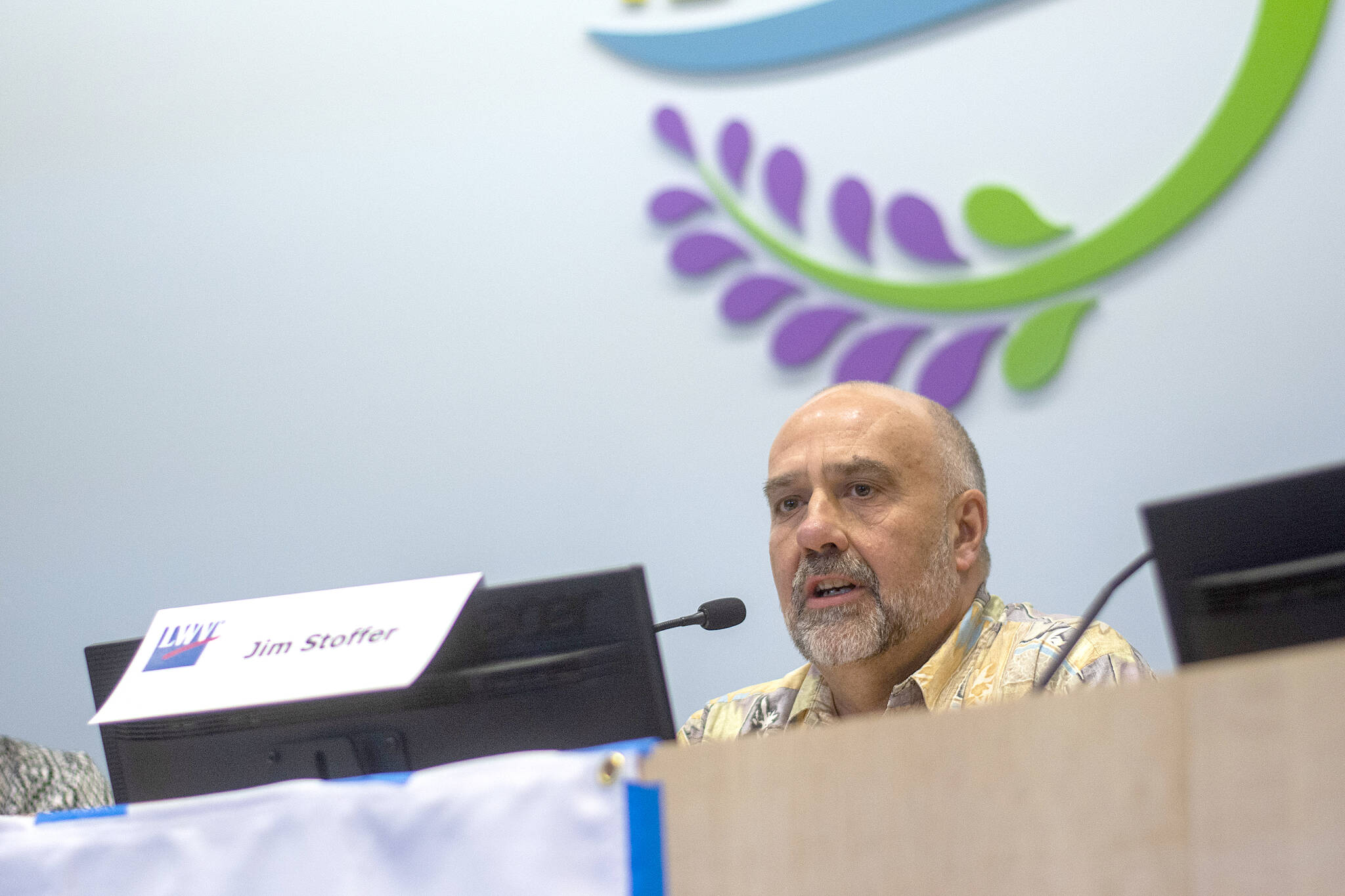 Sequim School Board director Jim Stoffer speaks during a League of Women Voters forum in 2019. Four board members last week considered a resolution to censure Stoffer and ask him to resign for allegedly breaking board policy, but ultimately agreed to delay a vote in order to gather more information. File photo by Jesse Major/Olympic Peninsula News Group